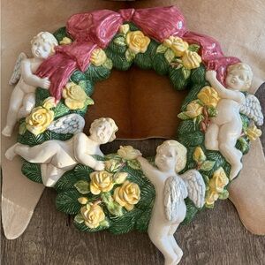 Heavy Ceramic Cherubic Holiday Wreath with Red, Green, and Yellow Accents